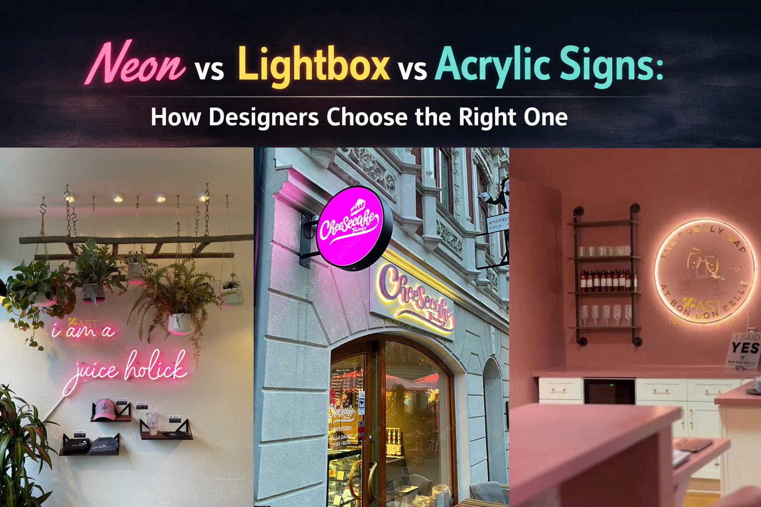 Neon vs Lightbox vs Acrylic Signs: How Designers Choose the Right One