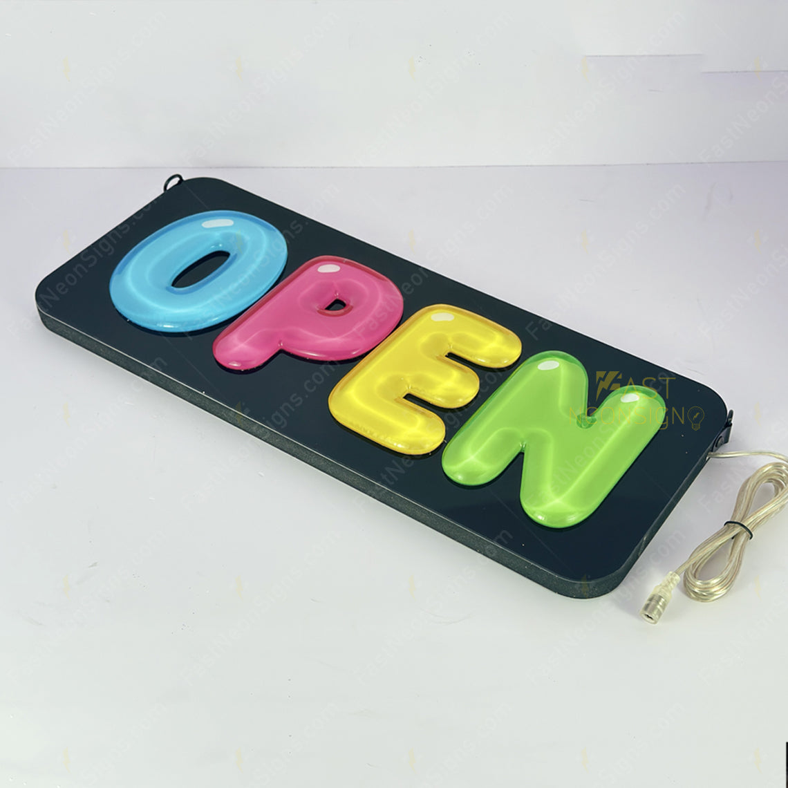 Glossy 3D bubble letter OPEN sign with black acrylic backboard