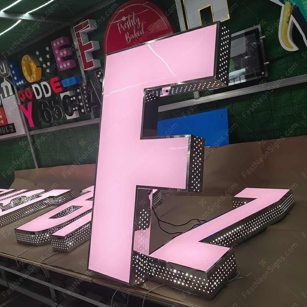 Custom 3D Punching Channel Letters Signs – Front Color Printed, Side Lit Metal LED Letters for Business