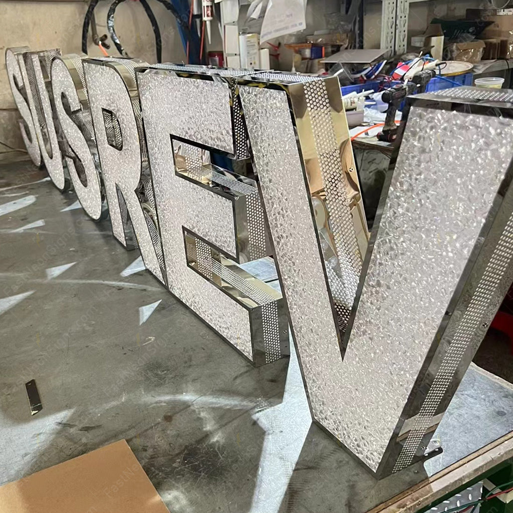 Custom Acrylic Diamond LED Branding Letters with Punching Sides - Stainless Steel Illuminated Logo Letters Sign