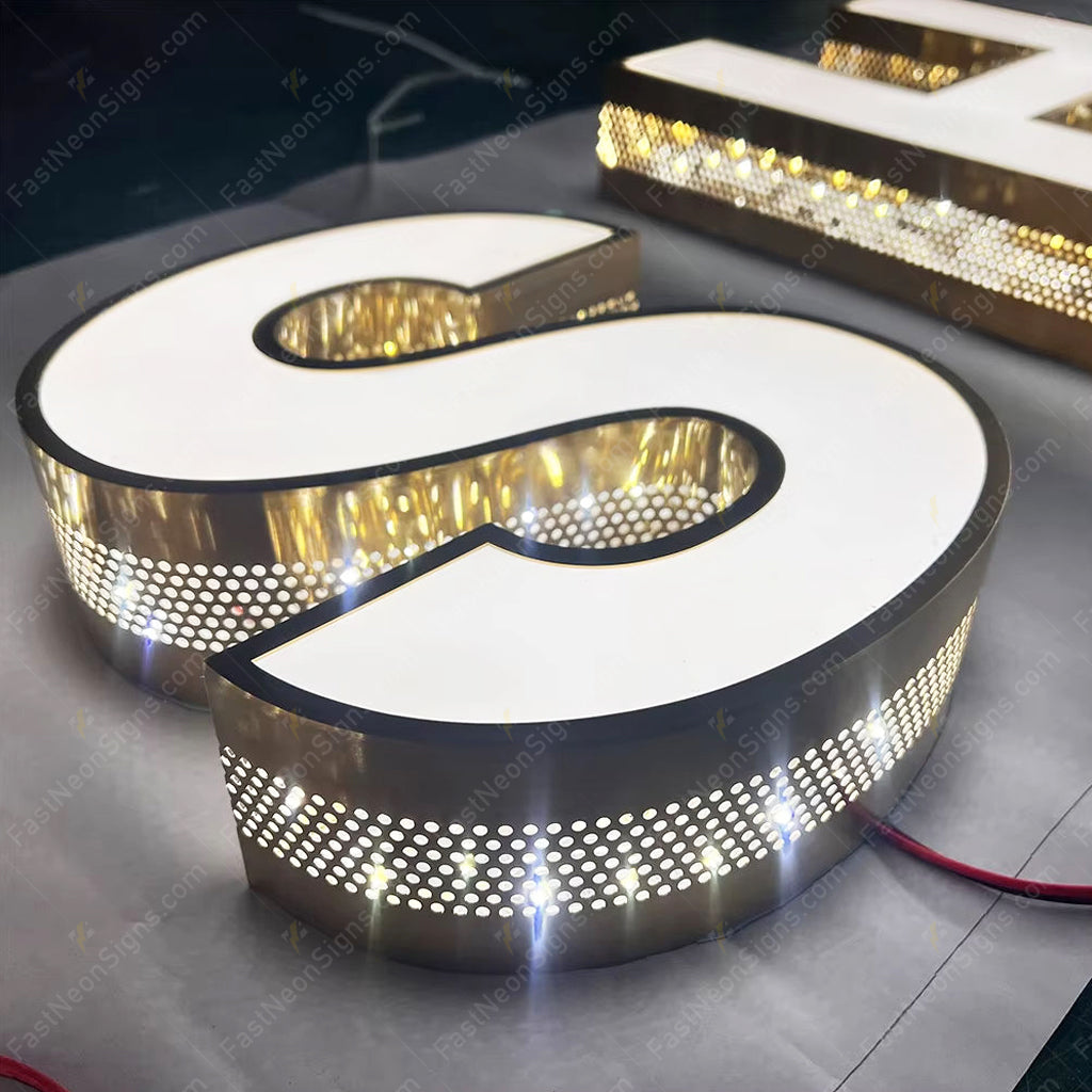 Custom 3D Punching Channel Letters Signs – Front Color Printed, Side Lit Metal LED Letters for Business