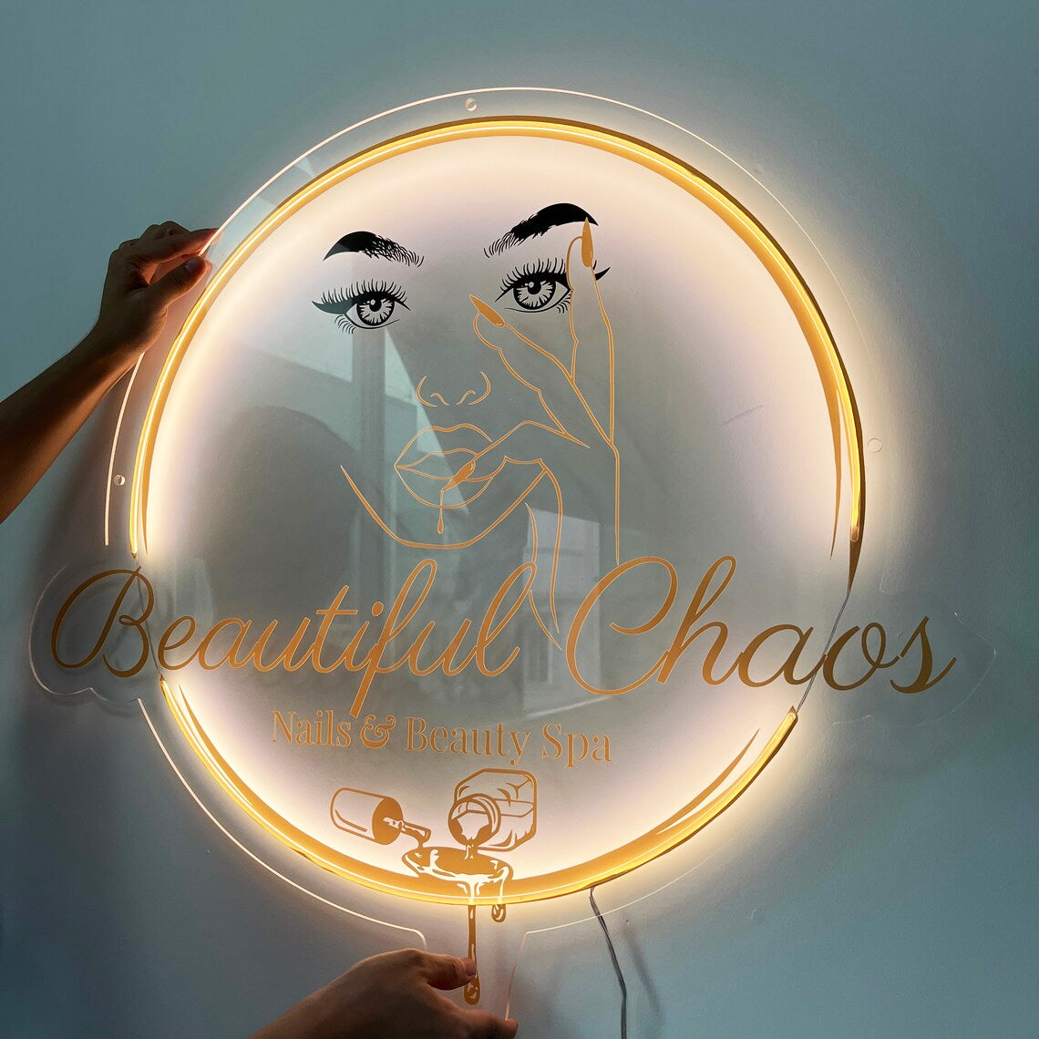 Custom Acrylic Backlit Signs - Frosted Acrylic Business Logo with Gold Mirror Lettering