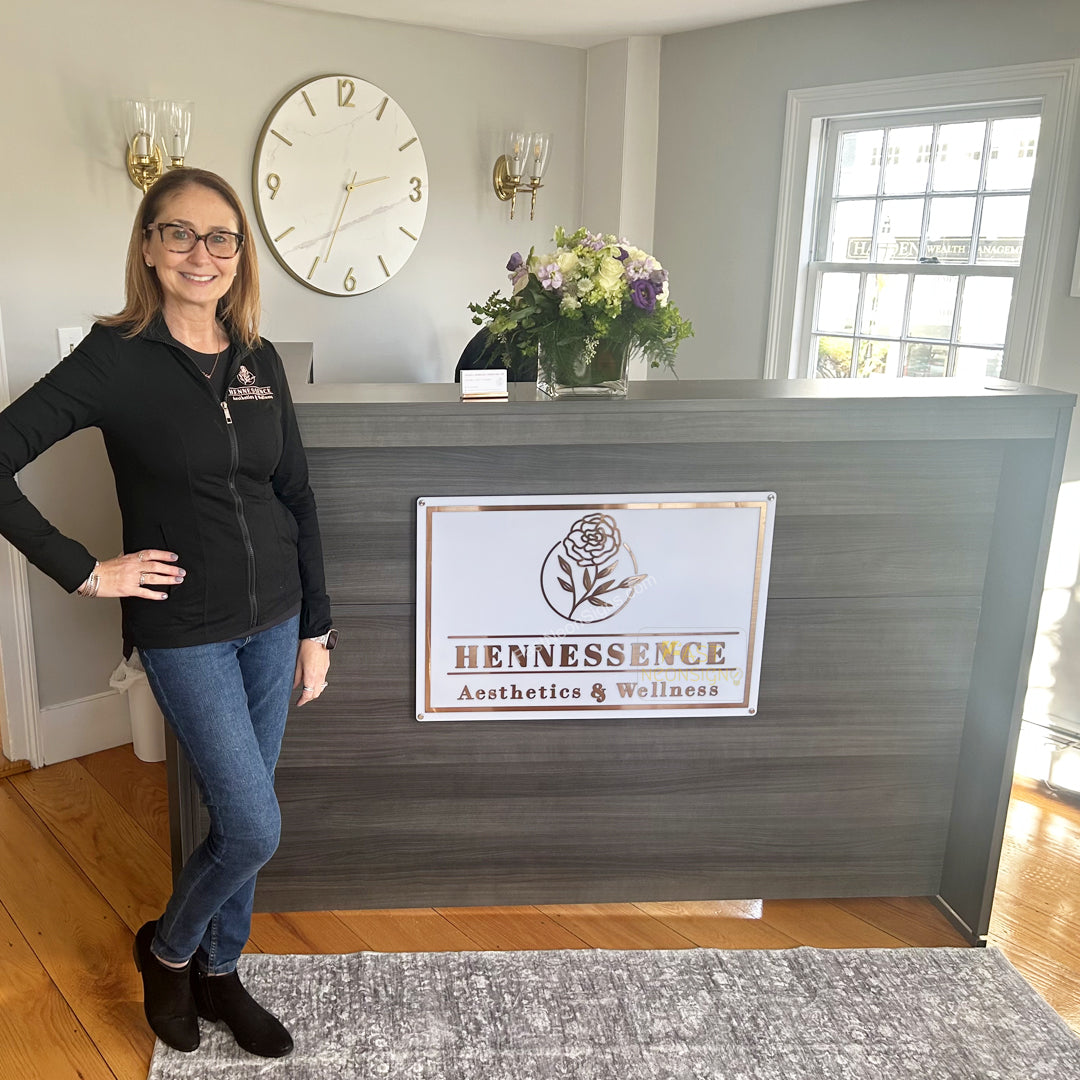 Custom Acrylic Brand Signs - Metal Patch Gold Edge Acrylic Sign For Store Front, Beauty Shop, Office