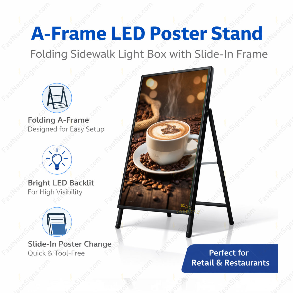 Custom A-Frame LED Poster Stand – Folding Sidewalk Advertising Light Sign For Restaurants, Cafés, Retail Stores