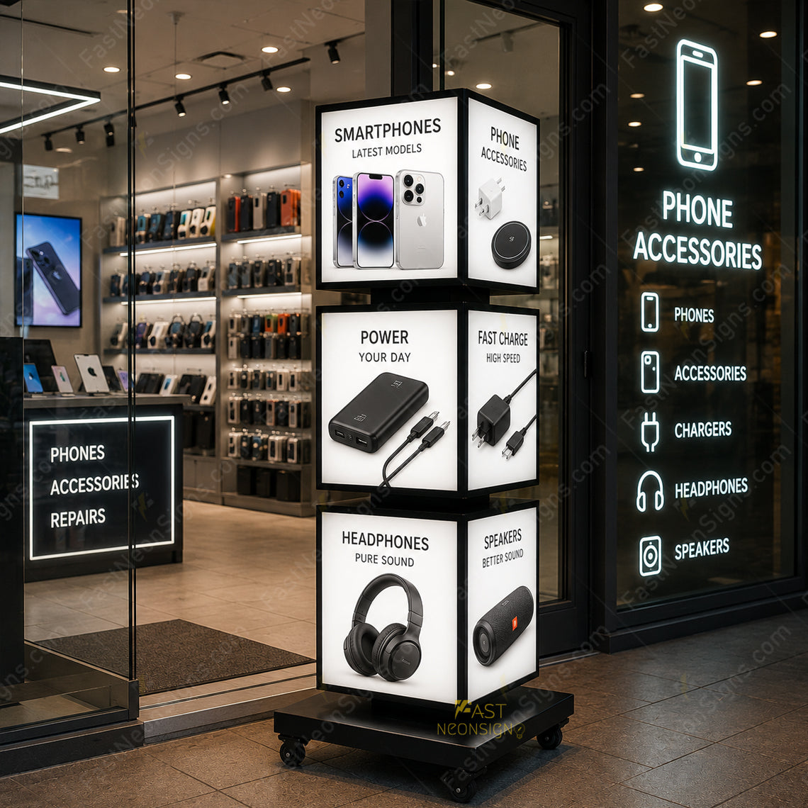 Custom 3-Tier Rotating Cube LED Light Box Display – Poster Standing LED Display for Business Promotions