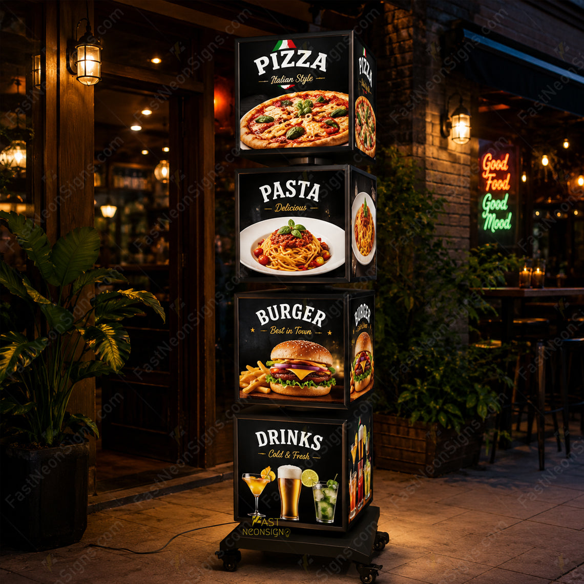 Custom 4-Tier Rotating Cube LED Light Box Display – Sidewalk Standing LED Display for Restaurants, Pizza Storefront, Trade shows