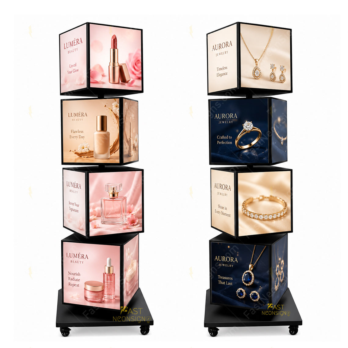Custom 4-Tier Rotating Cube LED Light Box Display – Sidewalk Standing LED Display for Restaurants, Pizza Storefront, Trade shows