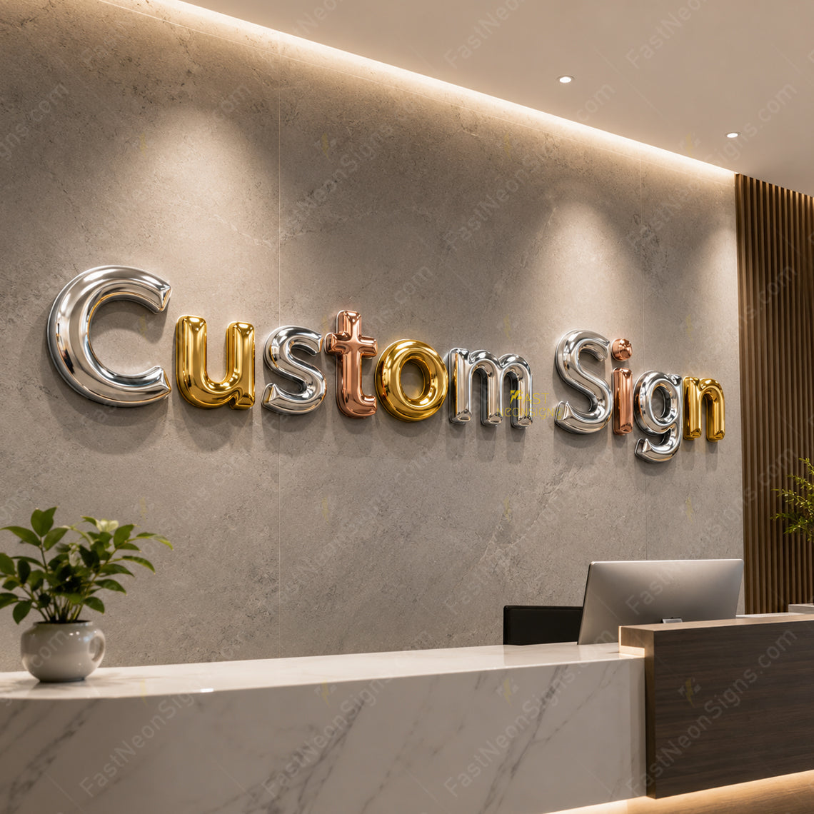 Custom 3D Domed PVC Letters Brand Sign - Electroplated Logo Sign for Reception Walls