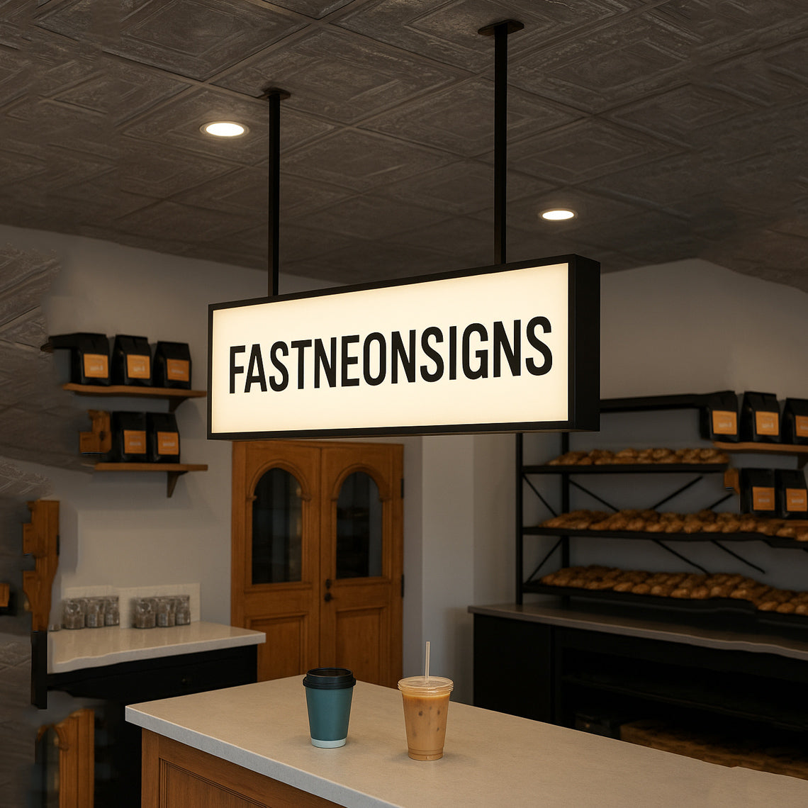 Custom Hanging Acrylic Lightbox Sign with Metal Frame – Ceiling Mount LED Sign for Café, Restaurant, Bar, or Pickup Counter