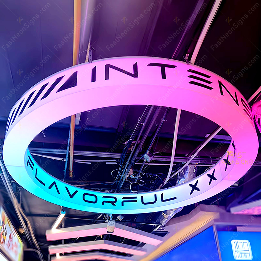 Custom Oval Ring-shaped Acrylic RGB Neon Sign – Halo-style Hanging Display Light Box for Business, Café, Bar, Salon
