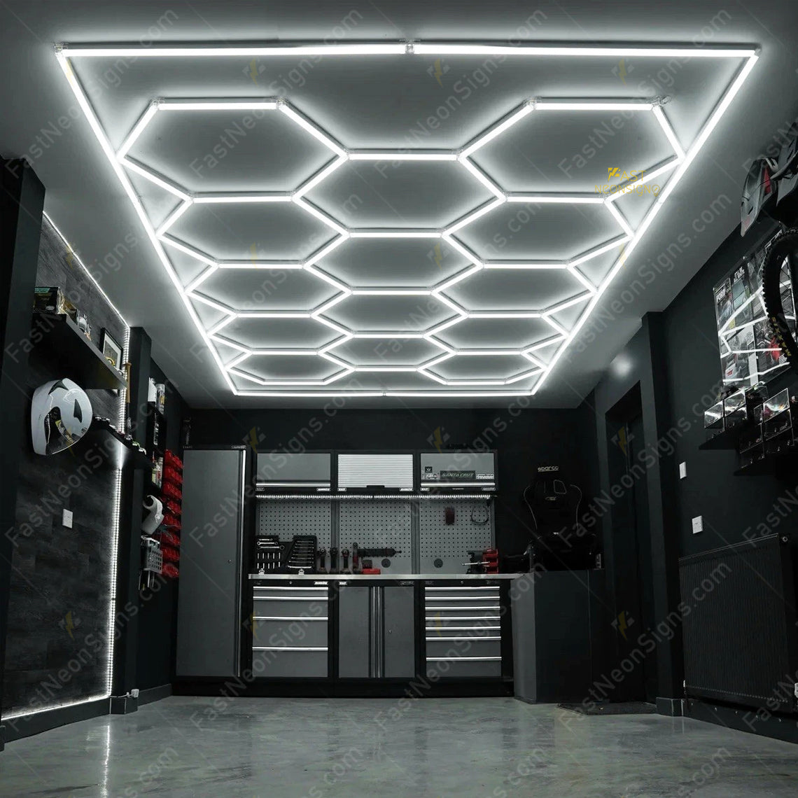Hexagon LED Garage Lighting System - Cool White Ceiling Lights for Auto Shops