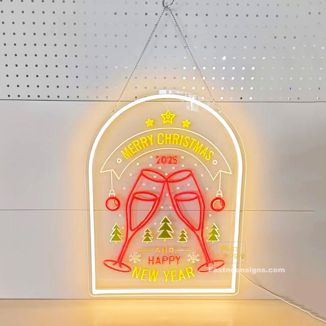 Merry Christmas & Happy New Year 2025 Embossed Craft neon sign, Custom Engraved Neon Sign, Business Storefront Christmas Vibes