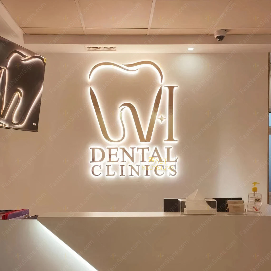 Custom 3D Metal Backlit Sign, Mirror Gold Metal Letter LED Signage For Dental Clinic, Counter-Storefront