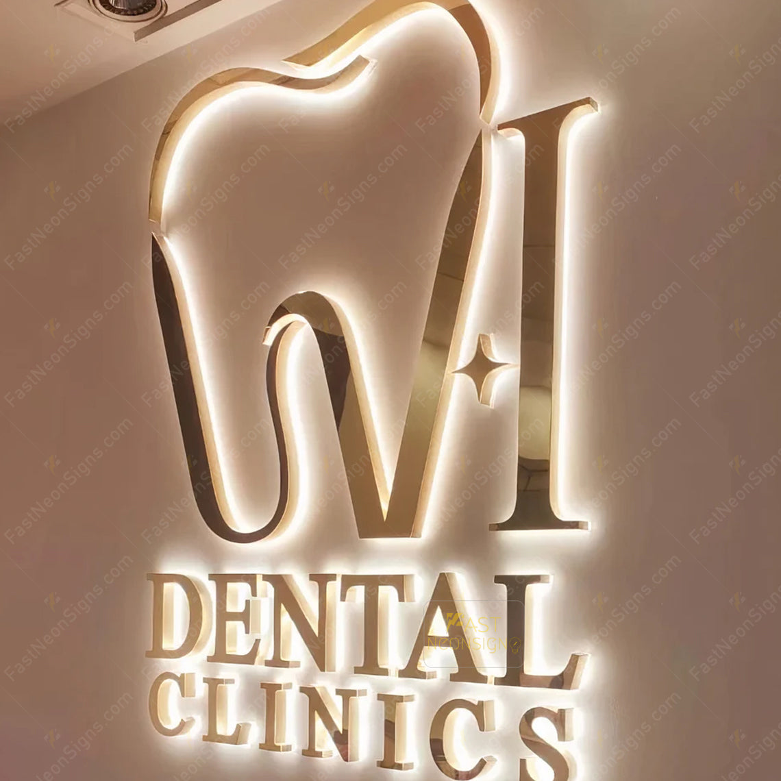 Custom 3D Metal Backlit Sign, Mirror Gold Metal Letter LED Signage For Dental Clinic, Counter-Storefront