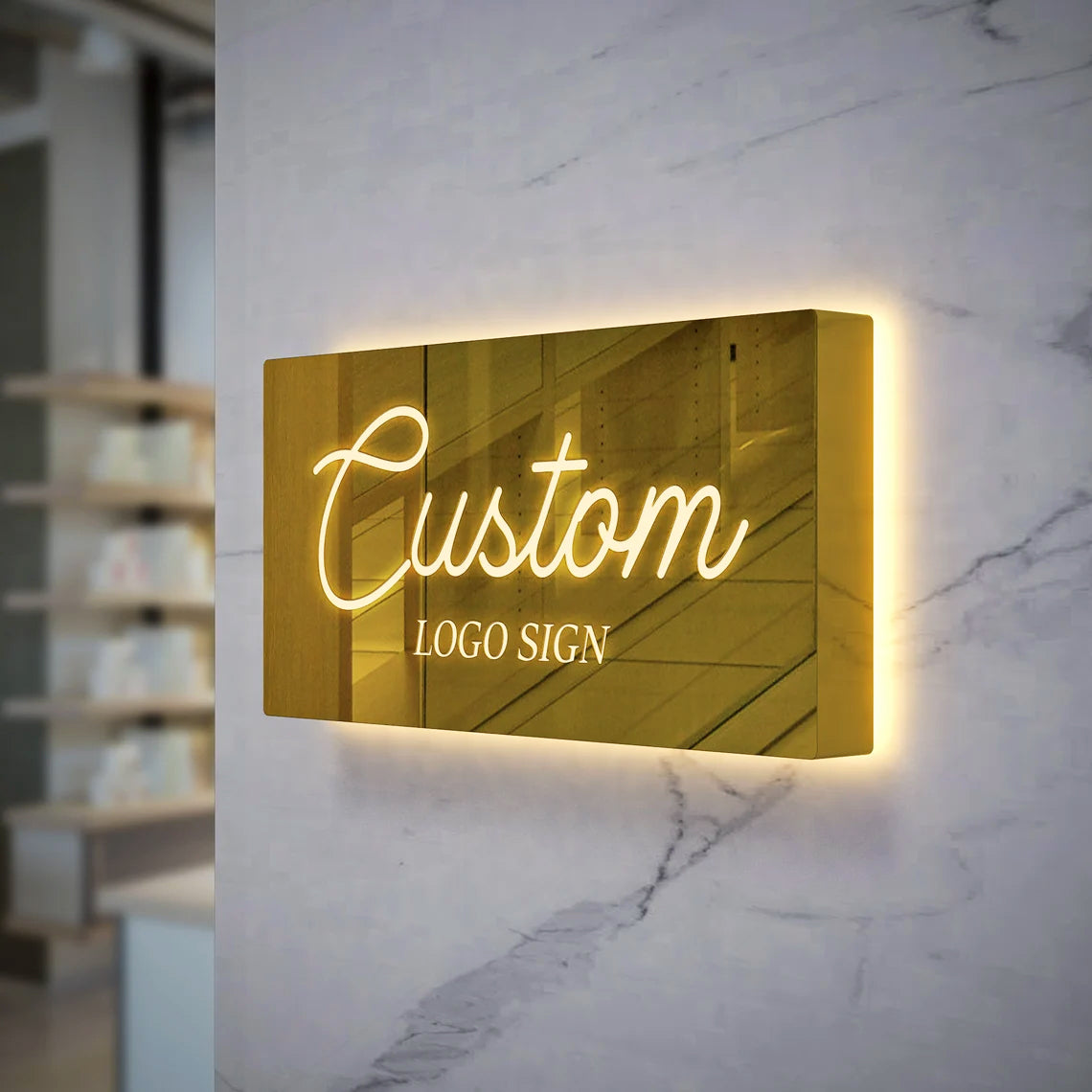 Gold Metal Backlit Sign 3D Light Box Horizontal Rectangle Shape