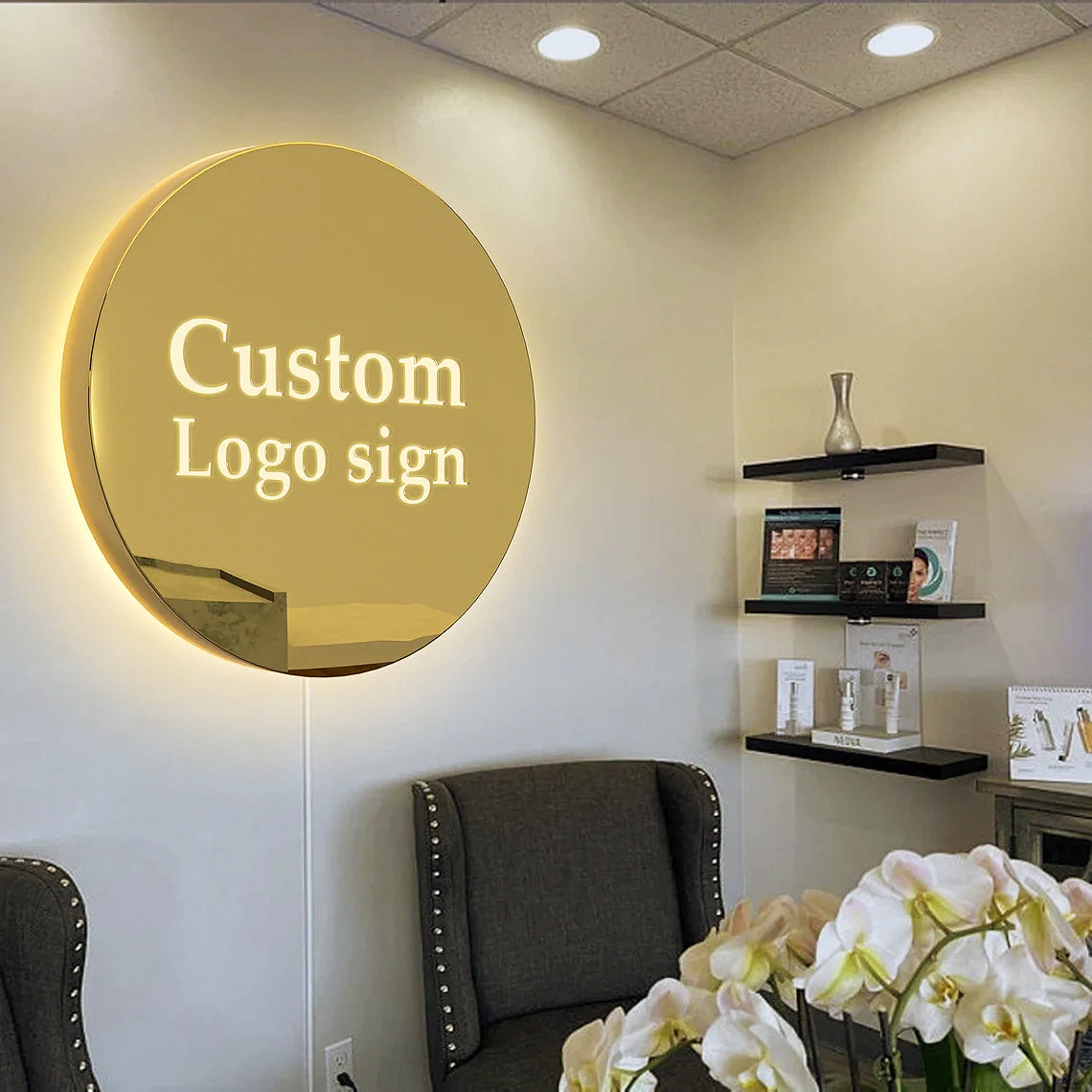 Gold Metal Backlit Sign 3D Light Box Round Shape