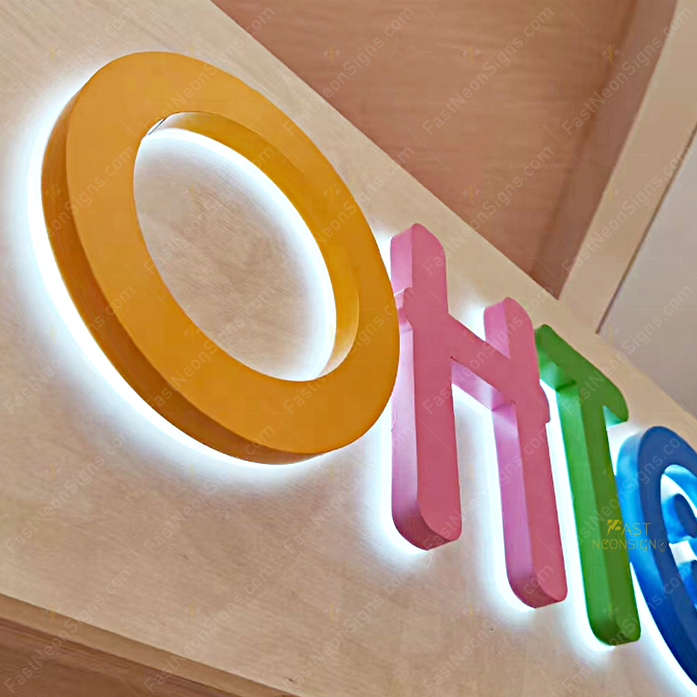 Custom Painted Metal Backlit Letters Sign – Colorful 3D LED Logo Signage for Storefront & Reception