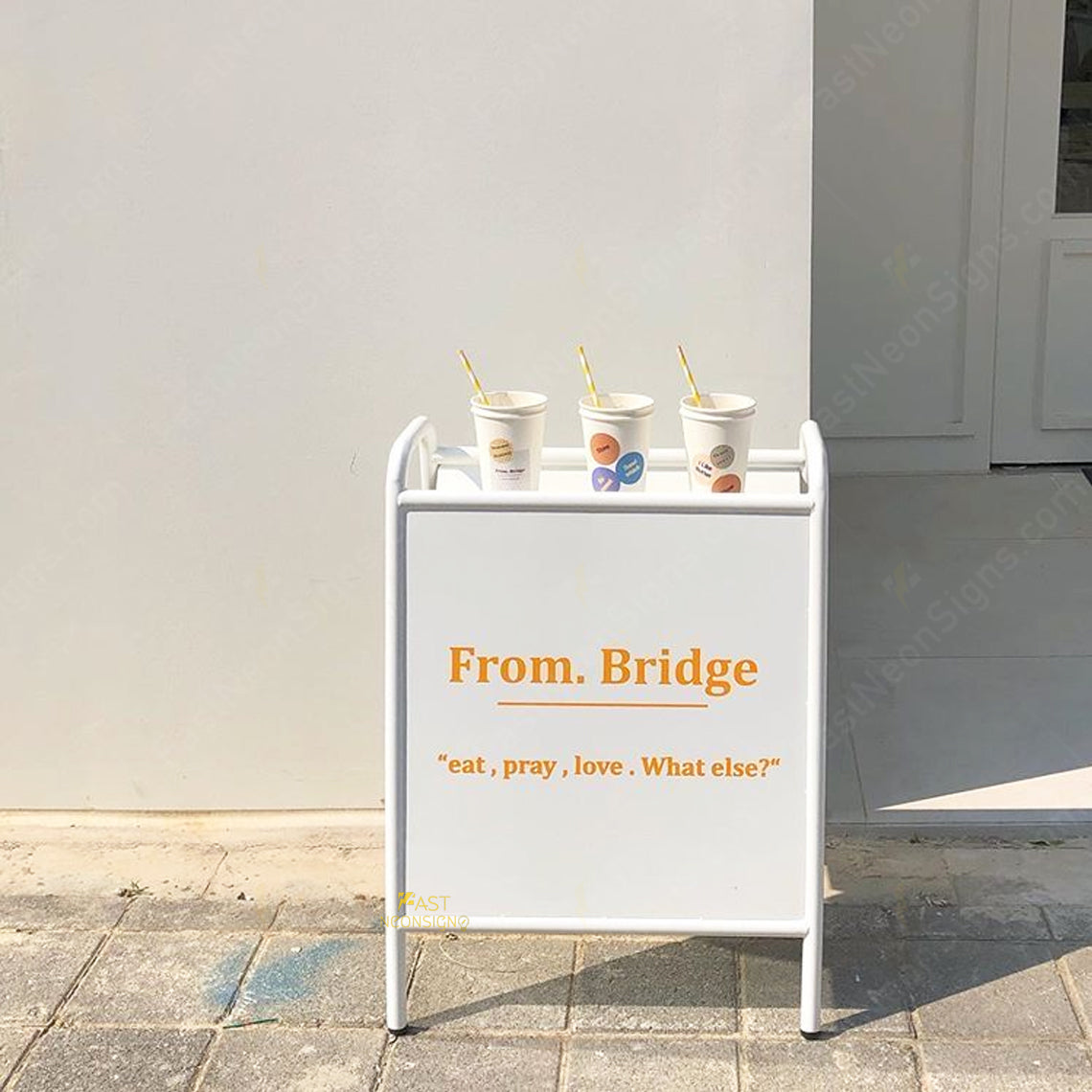 Custom A-Frame Boutique Sidewalk Sign with Display Shelf – Custom Outdoor Metal Storefront Stand for Clothing Shops