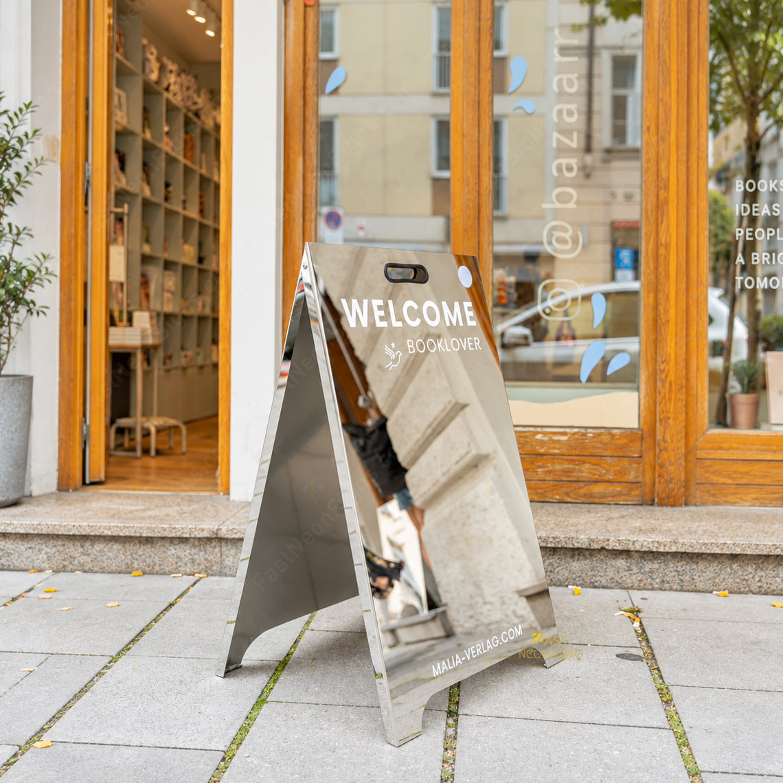 Personalized Folding Mirror Stainless Steel Sandwich Board – Custom A-Frame Sidewalk Sign for Businesses Outside