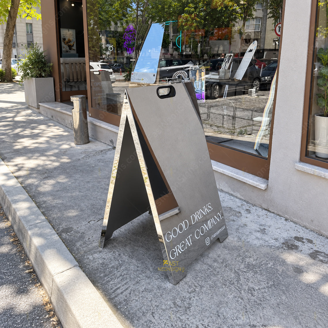 Custom Mirror Stainless Steel Folding A-Frame Sign with Handle – Personalized Sidewalk Business Sign for Cafe, Shops & Salon