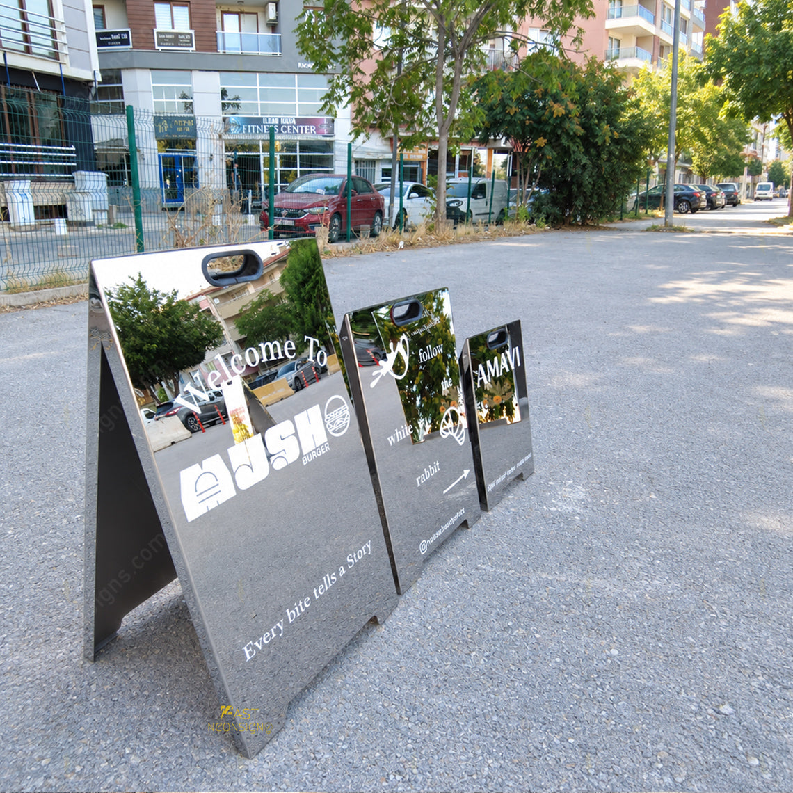 Custom Mirror Stainless Steel Folding A-Frame Sign with Handle – Personalized Sidewalk Business Sign for Cafe, Shops & Salon