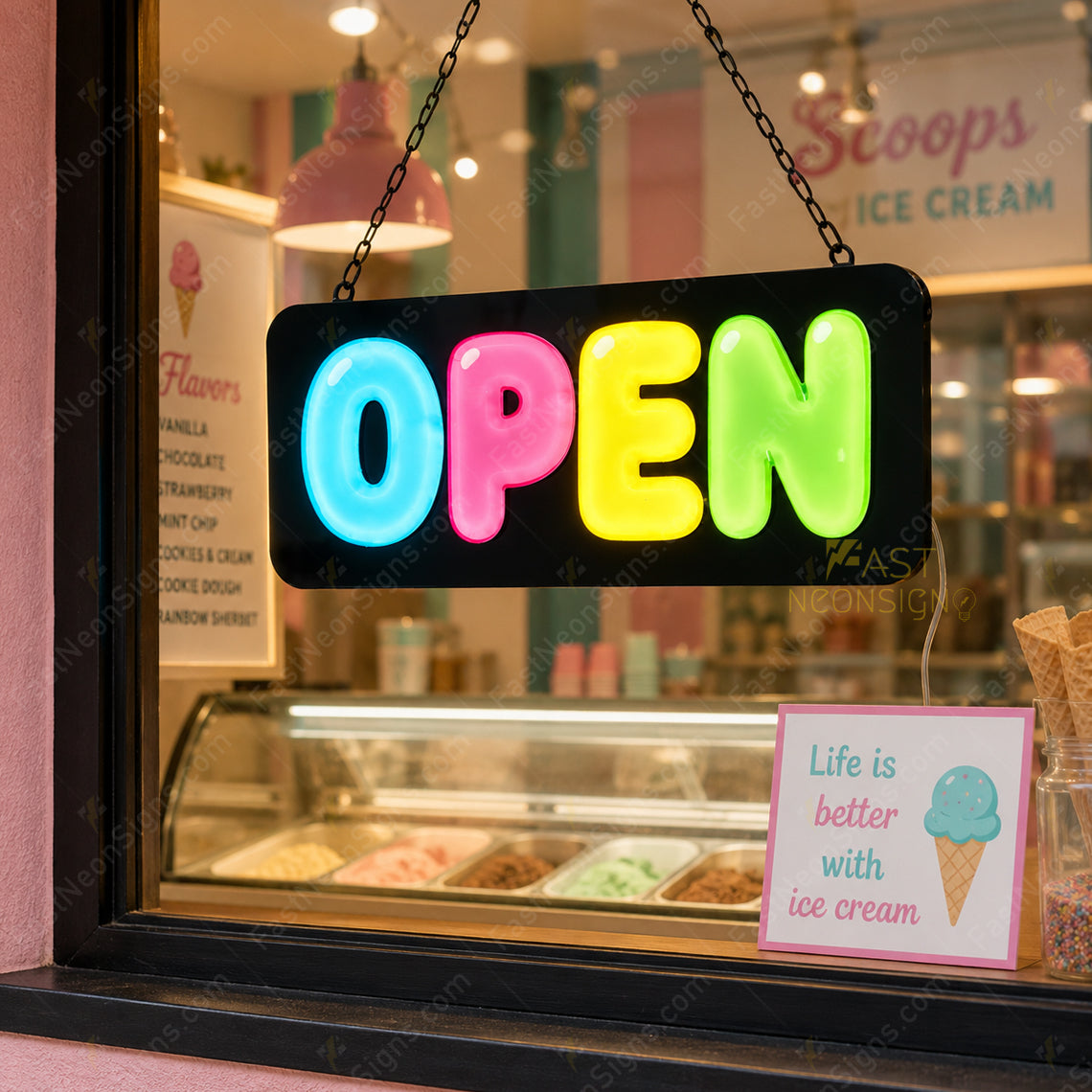 Custom size acrylic jelly OPEN sign for ice cream shop, retail storefront
