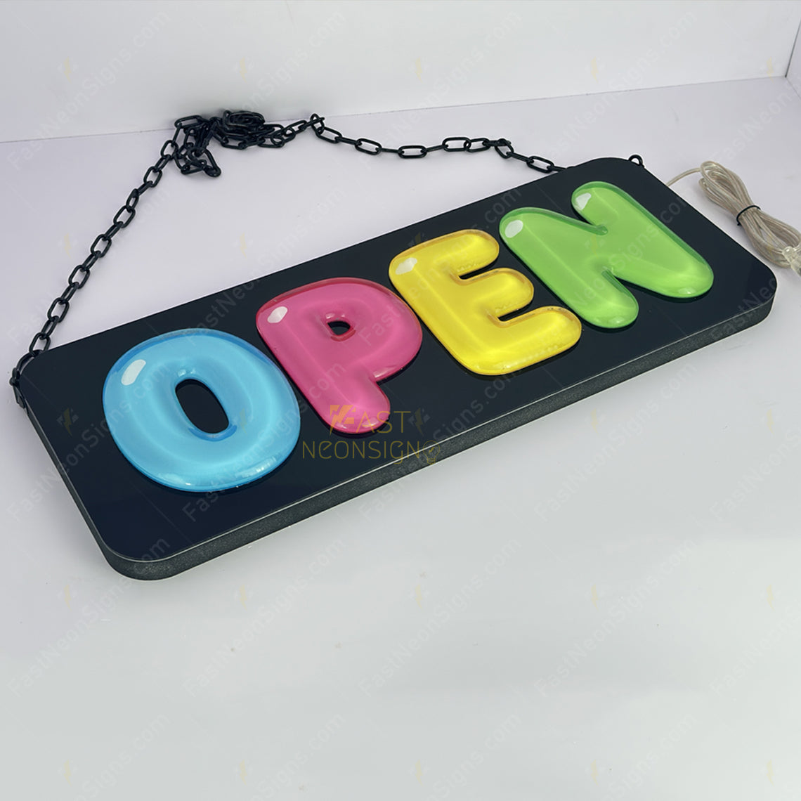 Colorful acrylic OPEN sign for commercial storefront