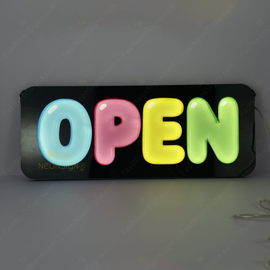 Glossy 3D jelly letter OPEN light sign with black backboard