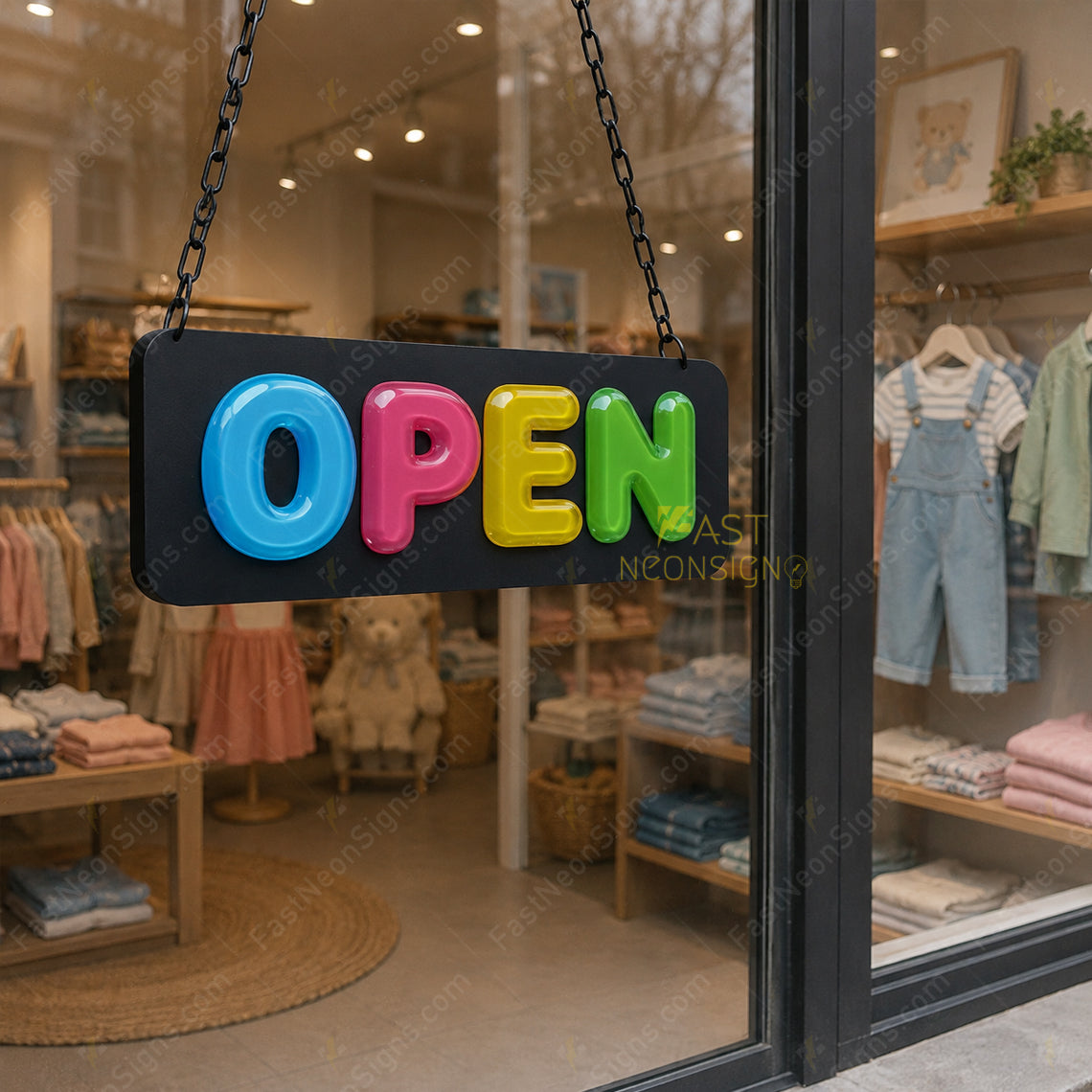 Custom size acrylic jelly OPEN sign for kid's shop, retail storefront