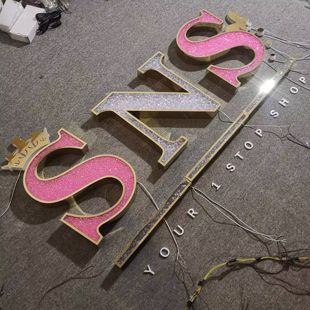 Custom Acrylic Diamond LED Branding Letters with Punching Sides - Stainless Steel Illuminated Logo Letters Sign