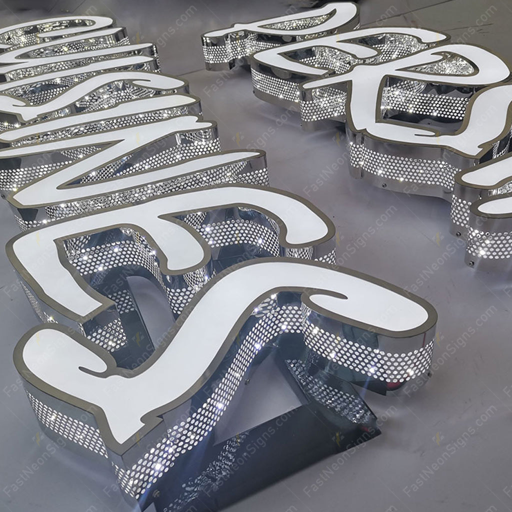 Custom 3D Punching Channel Letters Signs – Front Color Printed, Side Lit Metal LED Letters for Business