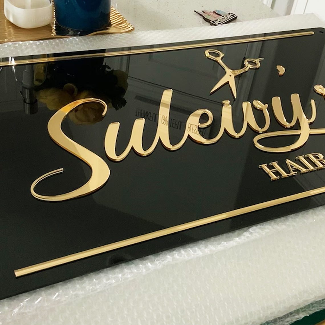Custom Acrylic Backlit Signs - Rectangle Acrylic Sign with Gold Mirror Lettering Business Logo