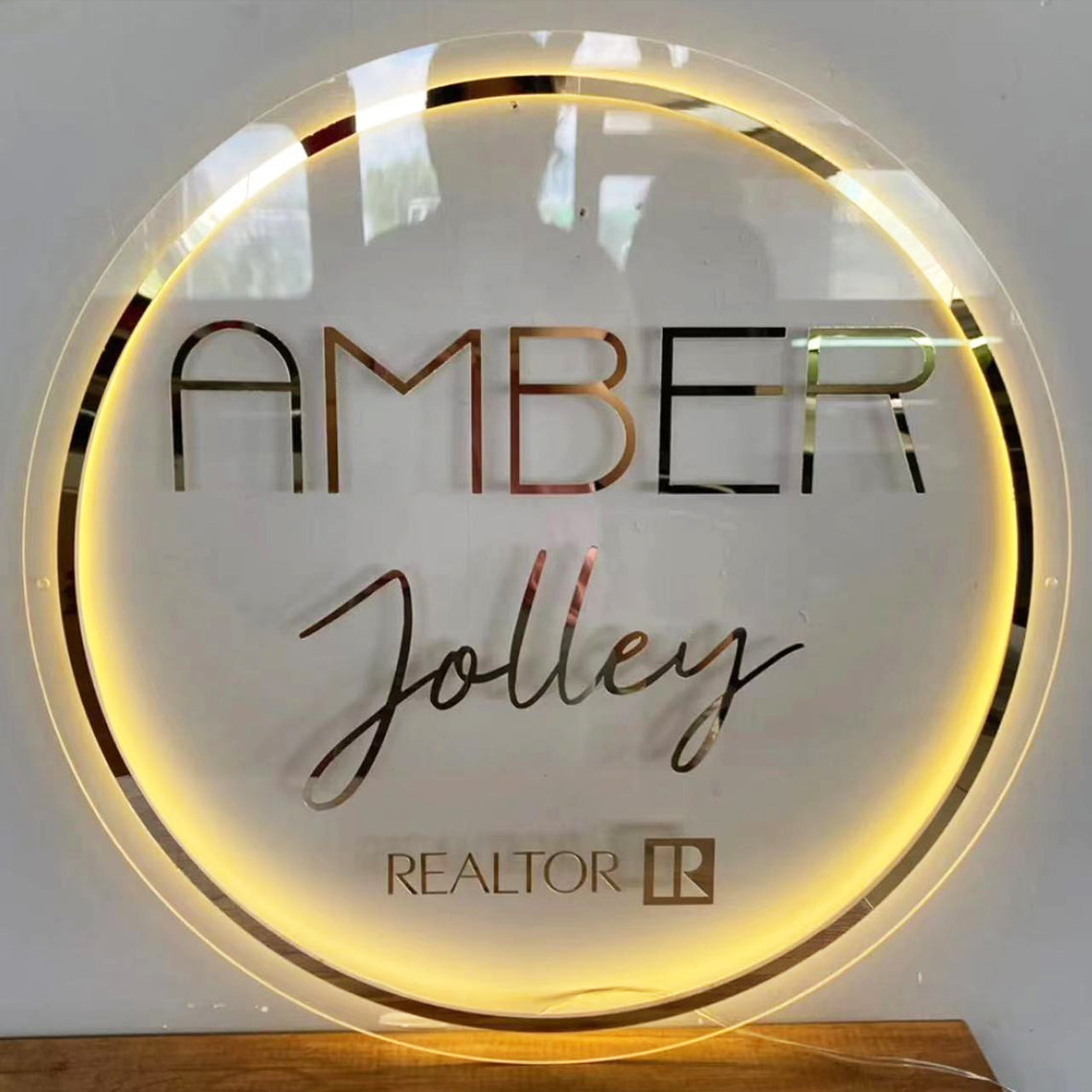 Custom Acrylic Backlit Signs - Rectangle Acrylic Sign with Gold Mirror Lettering Business Logo