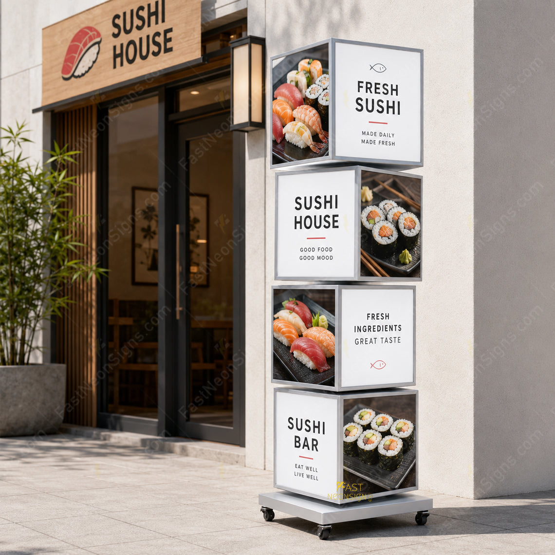 Custom 4-Tier Rotating Cube LED Light Box Display – Sidewalk Standing LED Display for Restaurants, Pizza Storefront, Trade shows