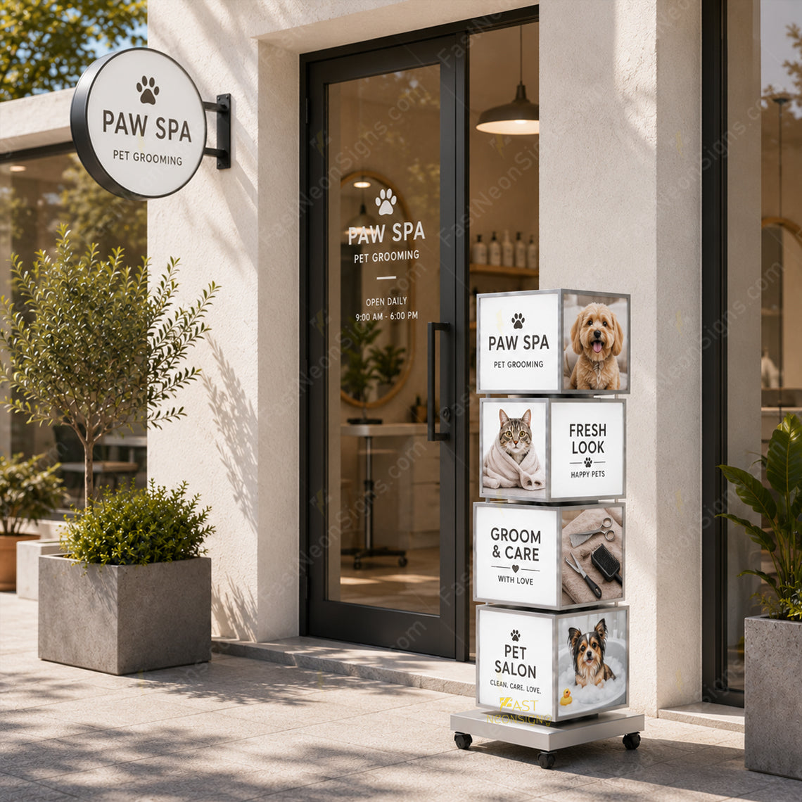 Custom 4-Tier Rotating Cube LED Light Box Display – Sidewalk Standing LED Display for Restaurants, Pizza Storefront, Trade shows