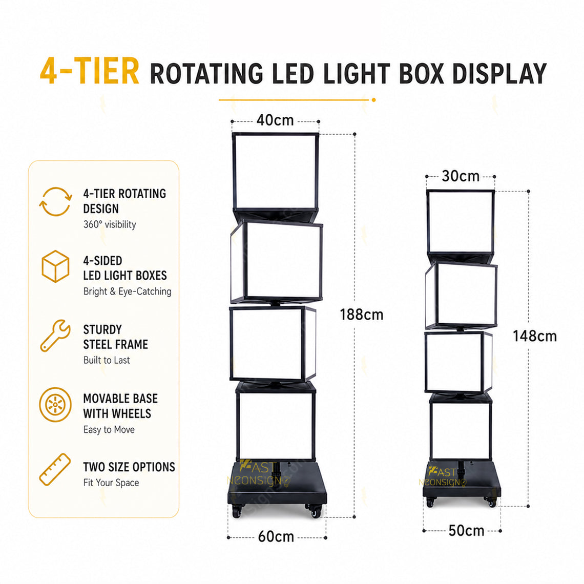 Custom 4-Tier Rotating Cube LED Light Box Display – Sidewalk Standing LED Display for Restaurants, Pizza Storefront, Trade shows