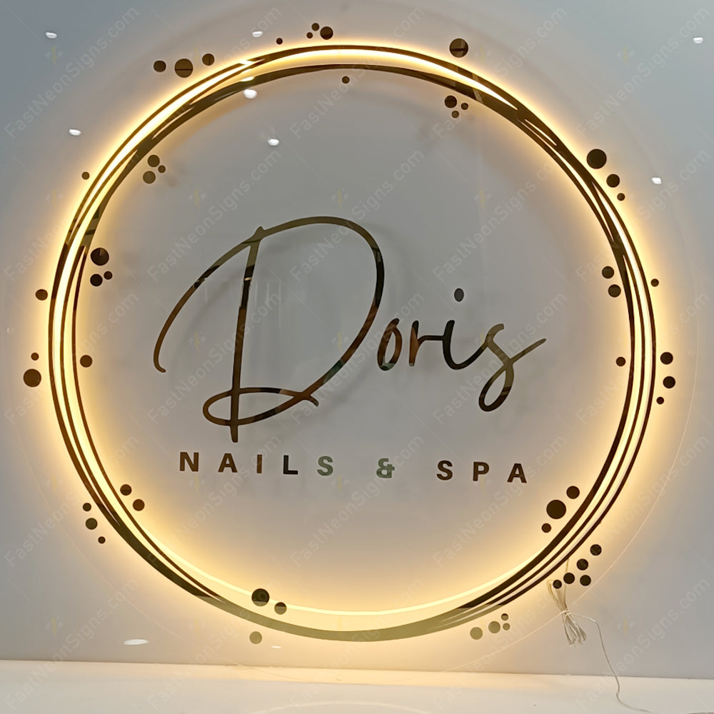 Custom Acrylic Backlit Signs - Golden Logo Acrylic Round Sign Back Lighting For Business Brand