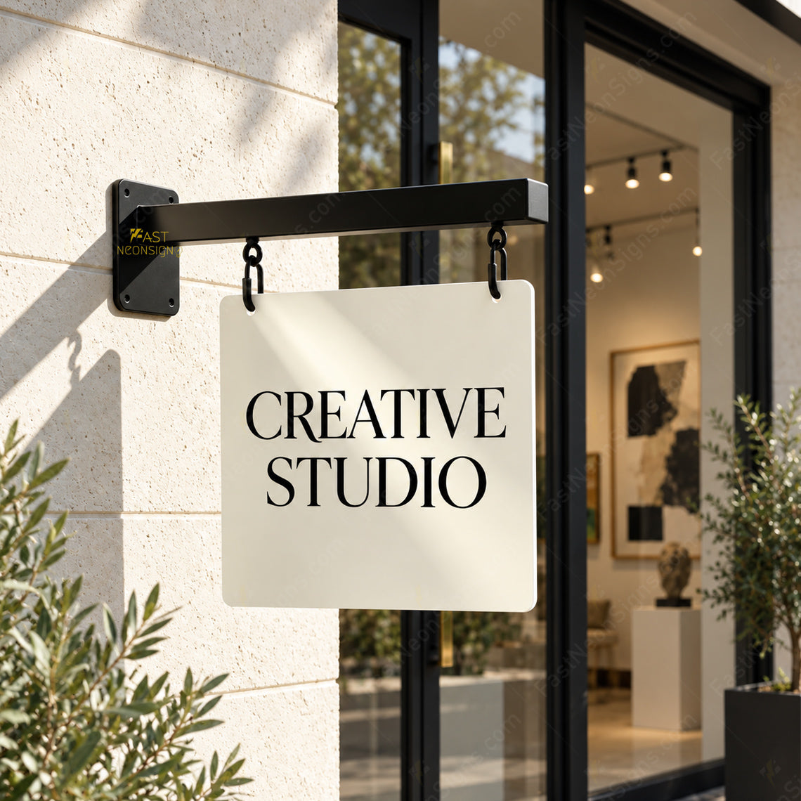Custom Double-Sided Metal Projecting Sign – Square Side-Mounted Blade Sign for Shops & Businesses
