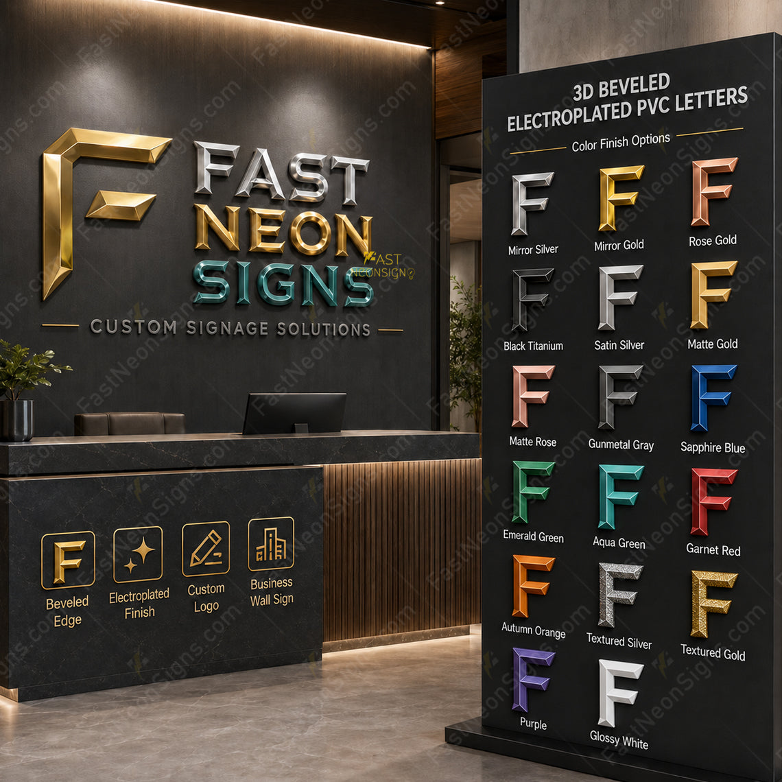 Custom 2D Flat PVC Letters Brand Sign - Metal Finish Logo Sign for Business, front desks, lobbies
