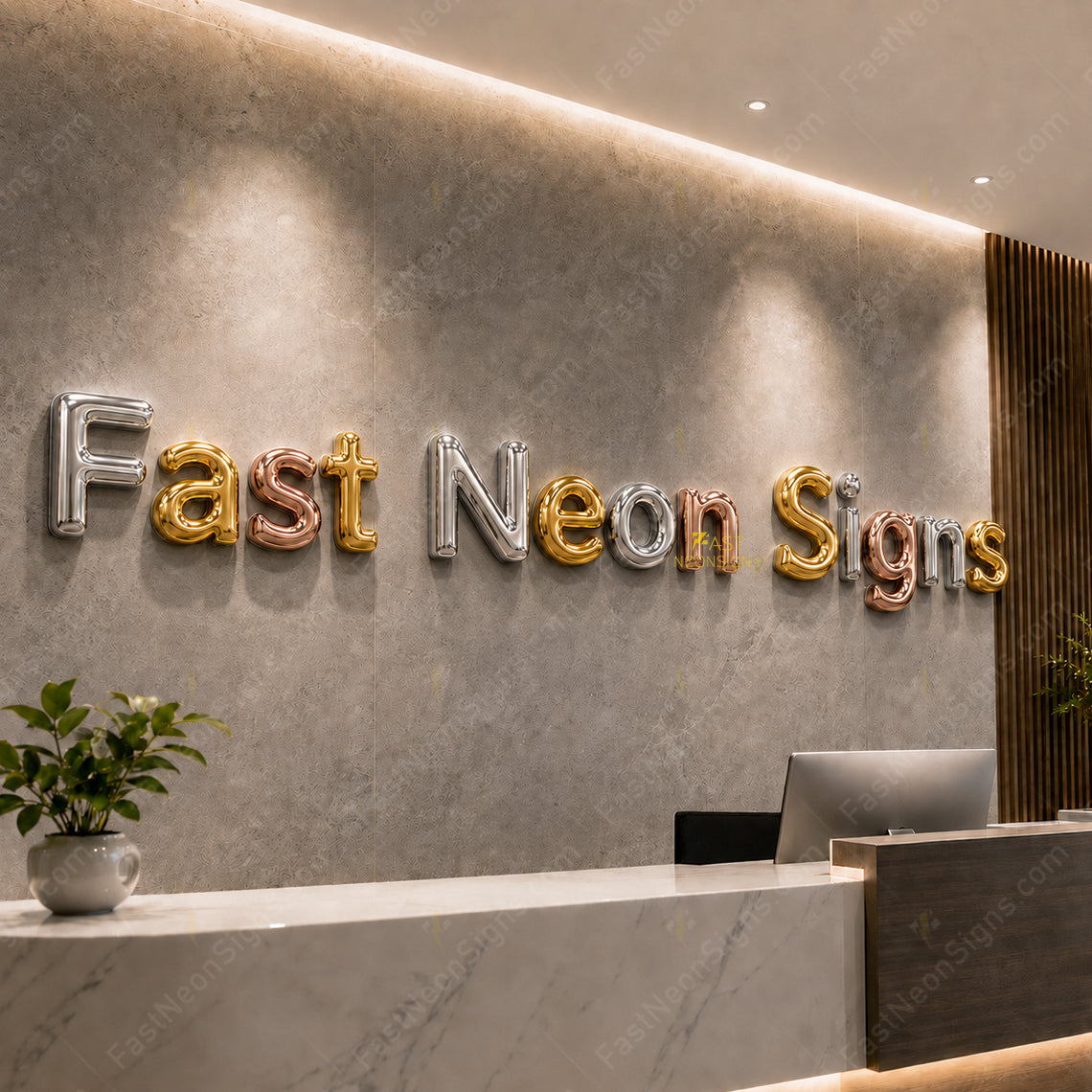 Custom 3D Domed PVC Letters Brand Sign - Electroplated Logo Sign for Reception Walls