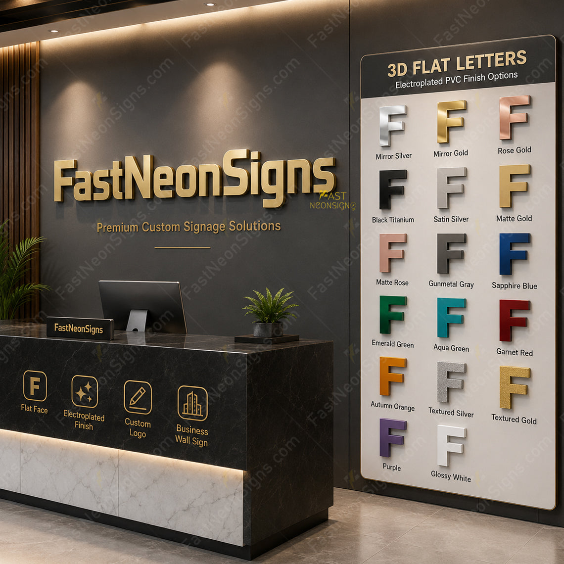 Custom 2D Flat PVC Letters Brand Sign - Metal Finish Logo Sign for Business, front desks, lobbies