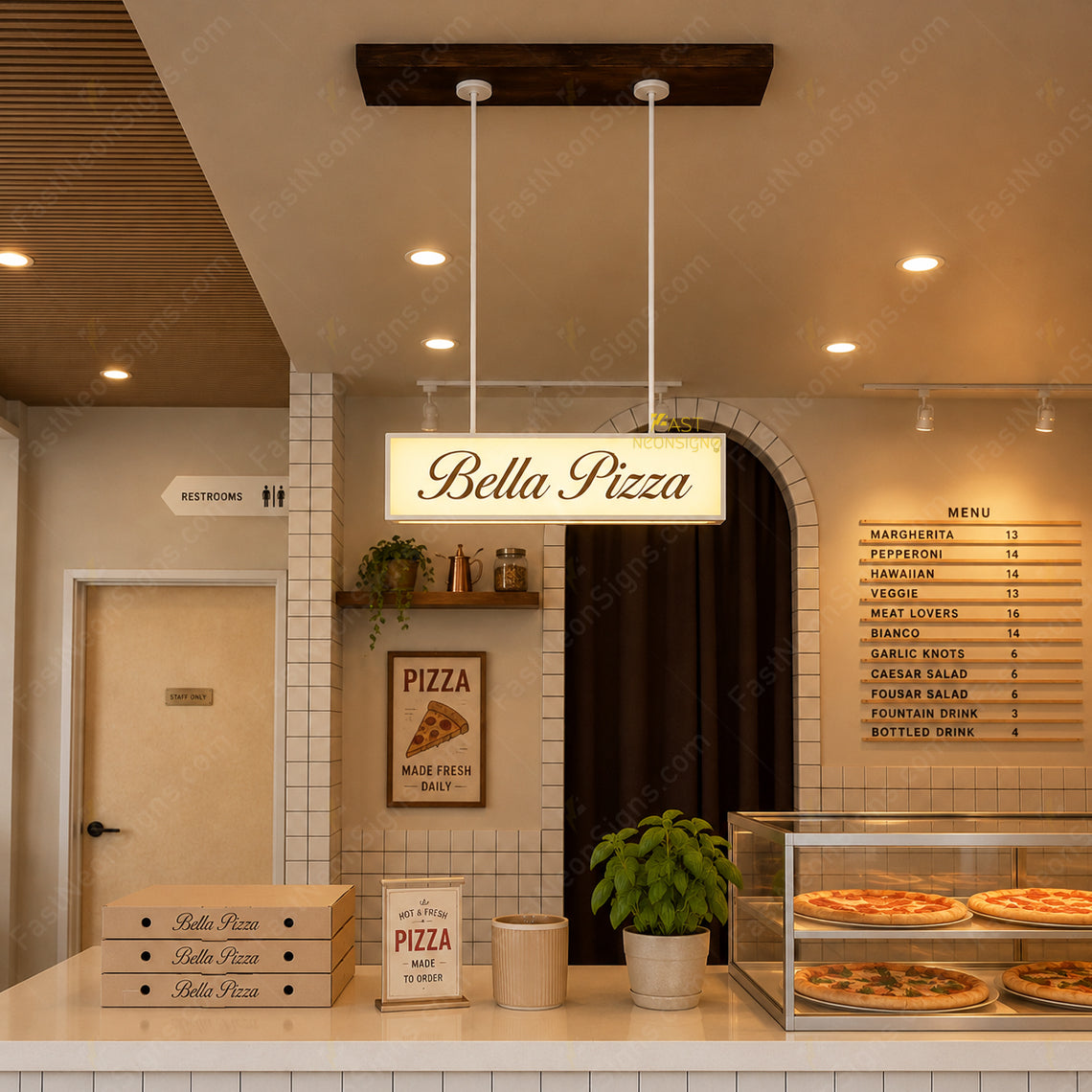 Custom hanging acrylic light box with metal frame installed above a bubble tea shop pickup counter with cold white LED lighting.