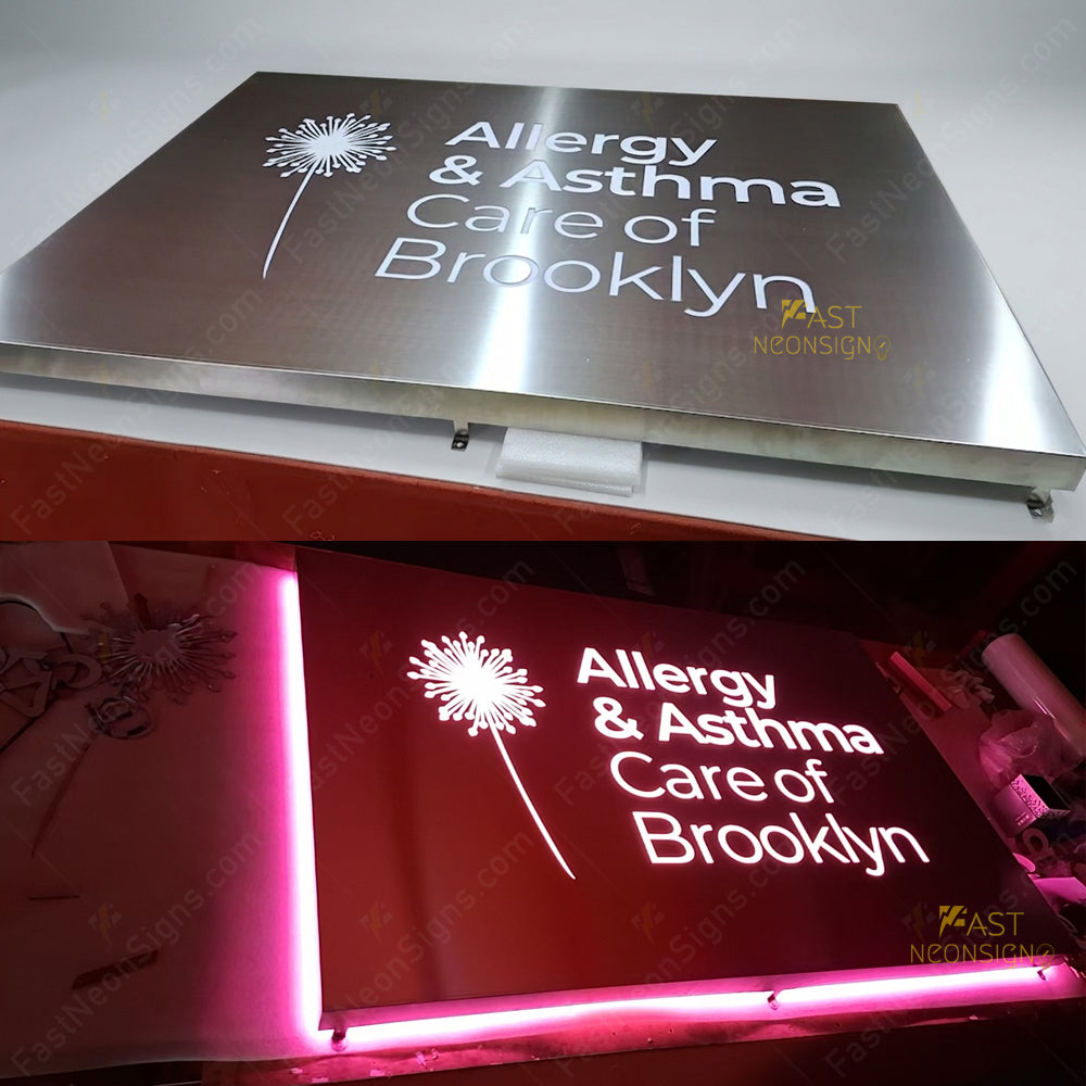 Custom Stainless Steel Backlit Signage – Brushed Metal Logo Light Box for Medical & Professional Clinics