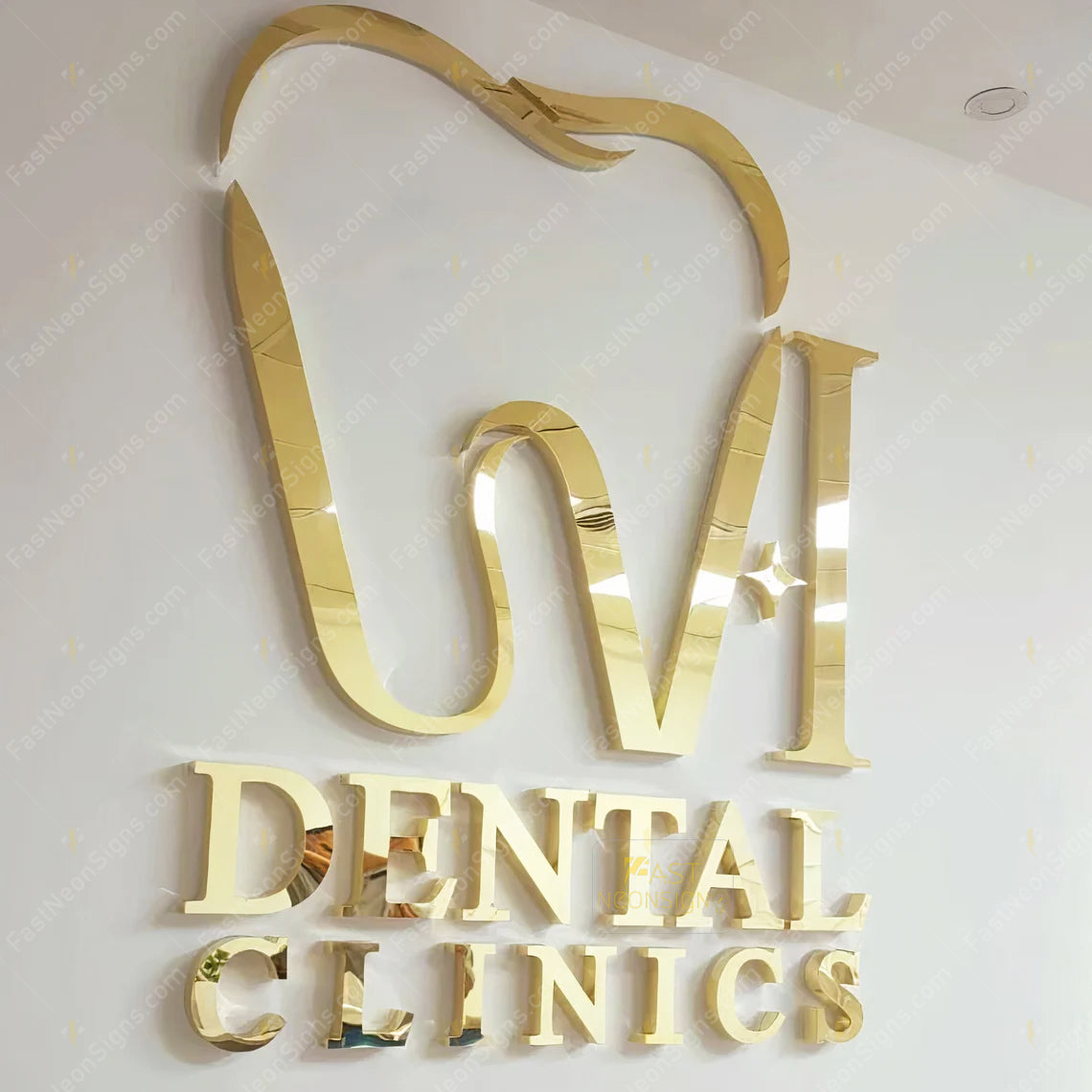 Custom 3D Metal Backlit Sign, Mirror Gold Metal Letter LED Signage For Dental Clinic, Counter-Storefront