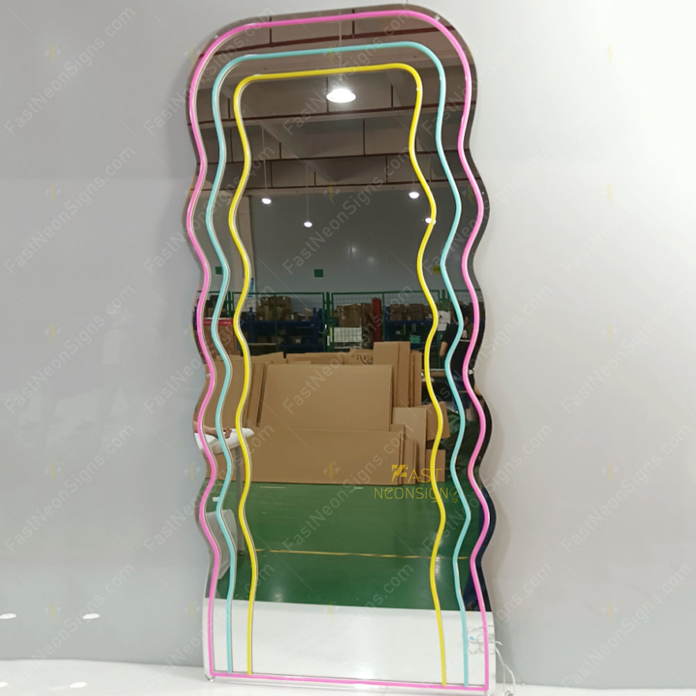 Custom Wavy LED Neon Mirror – Multicolor Neon Sign for Beauty Shop, Nail Salon, Spa, Lash & Brow Studio
