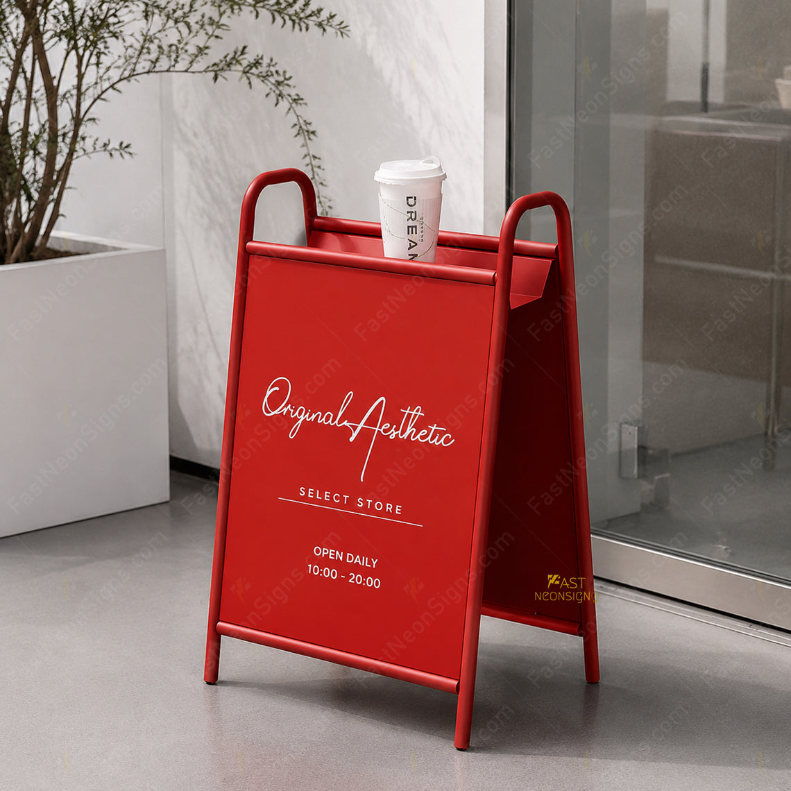 Custom A-Frame Boutique Sidewalk Sign with Display Shelf – Custom Outdoor Metal Storefront Stand for Clothing Shops