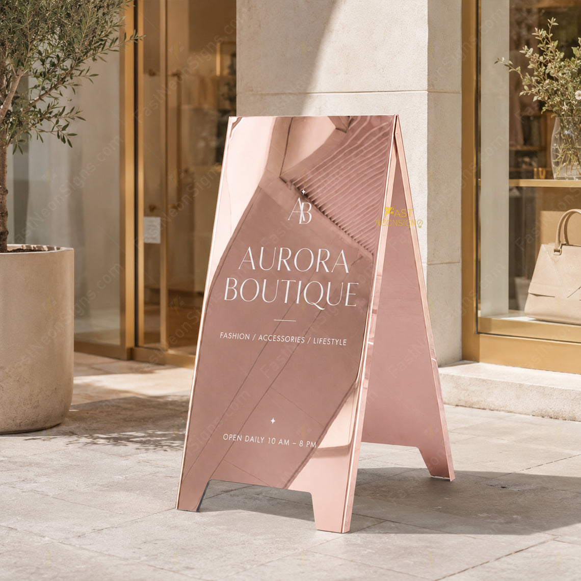 Custom Rose Gold Mirror A-Frame Sign – Personalized Sidewalk Display Sign for Salons, Studios & Boutiques