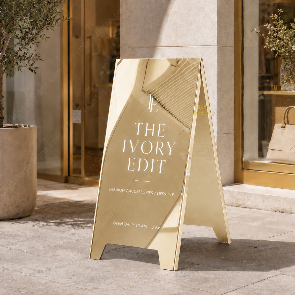 Custom Gold Mirror A-Frame Sidewalk Sign – Luxury Freestanding Logo Sign for Shops, Restaurants & Events