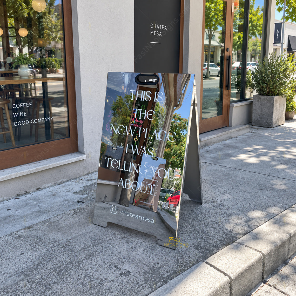 Custom Mirror Stainless Steel Folding A-Frame Sign with Handle – Personalized Sidewalk Business Sign for Cafe, Shops & Salon