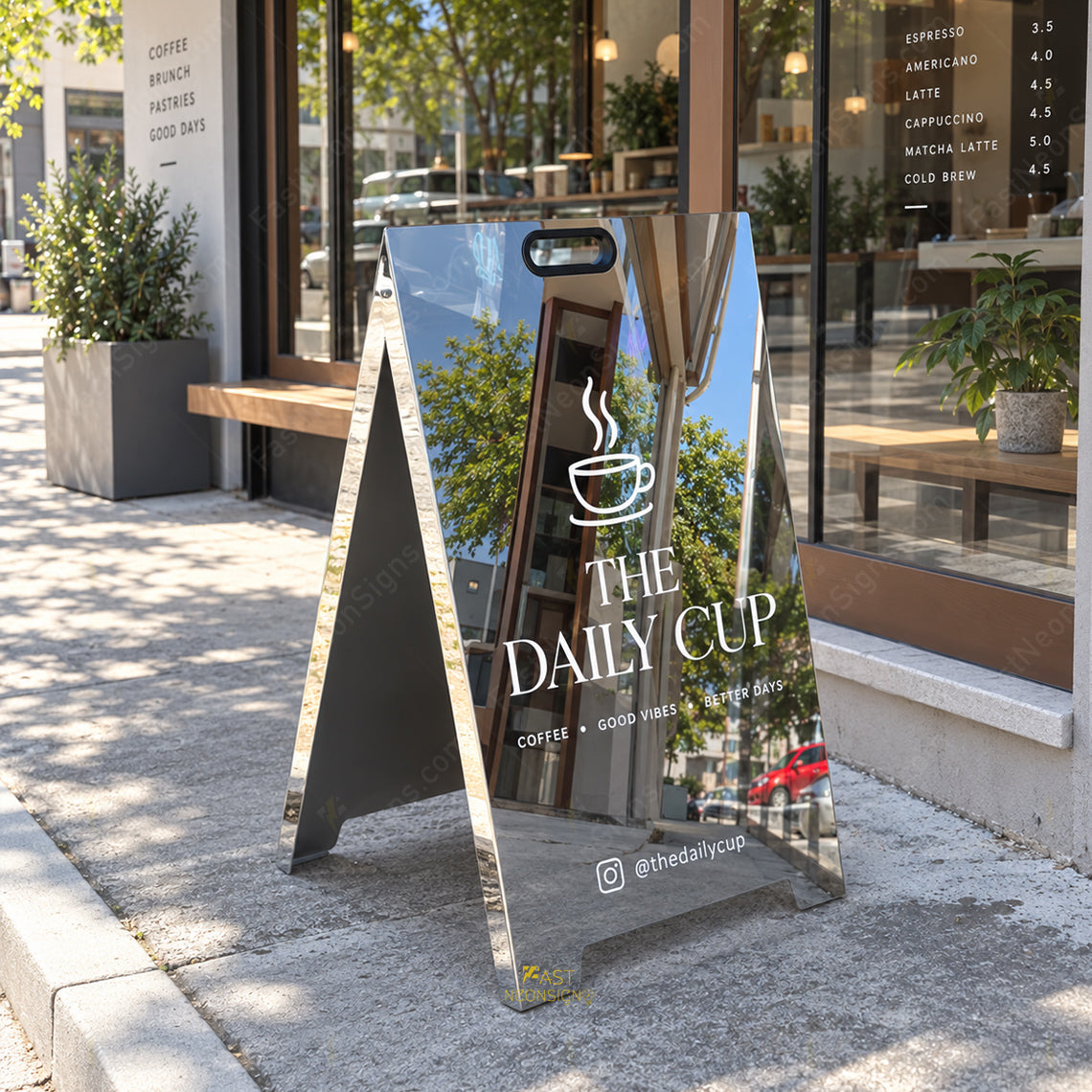 Custom Mirror Stainless Steel Folding A-Frame Sign with Handle – Personalized Sidewalk Business Sign for Cafe, Shops & Salon
